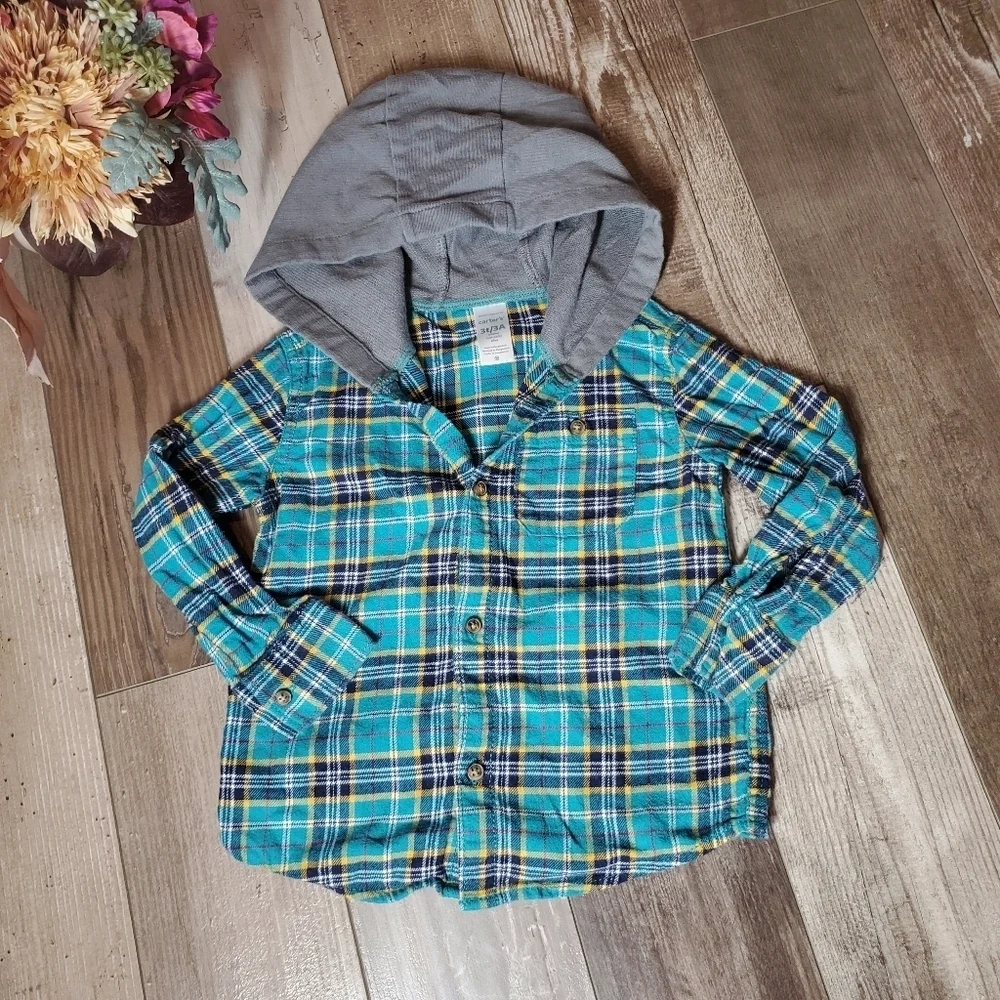 Carter's Toddler Boy Hooded Button Down Cotton Flannel Shirt Top Size 3T EUC